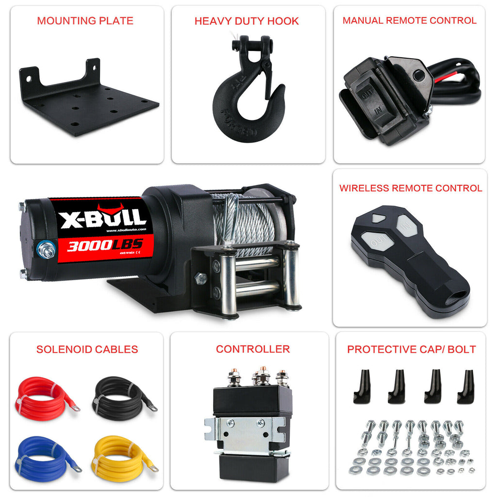 X-BULL 3000LBS Electric Winch 12V Steel Cable Rope 4WD Recovery