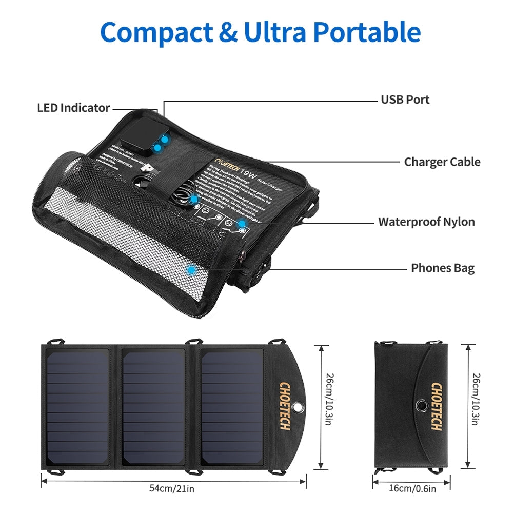 CHOETECH 19W Portable Solar Panel Charger USB