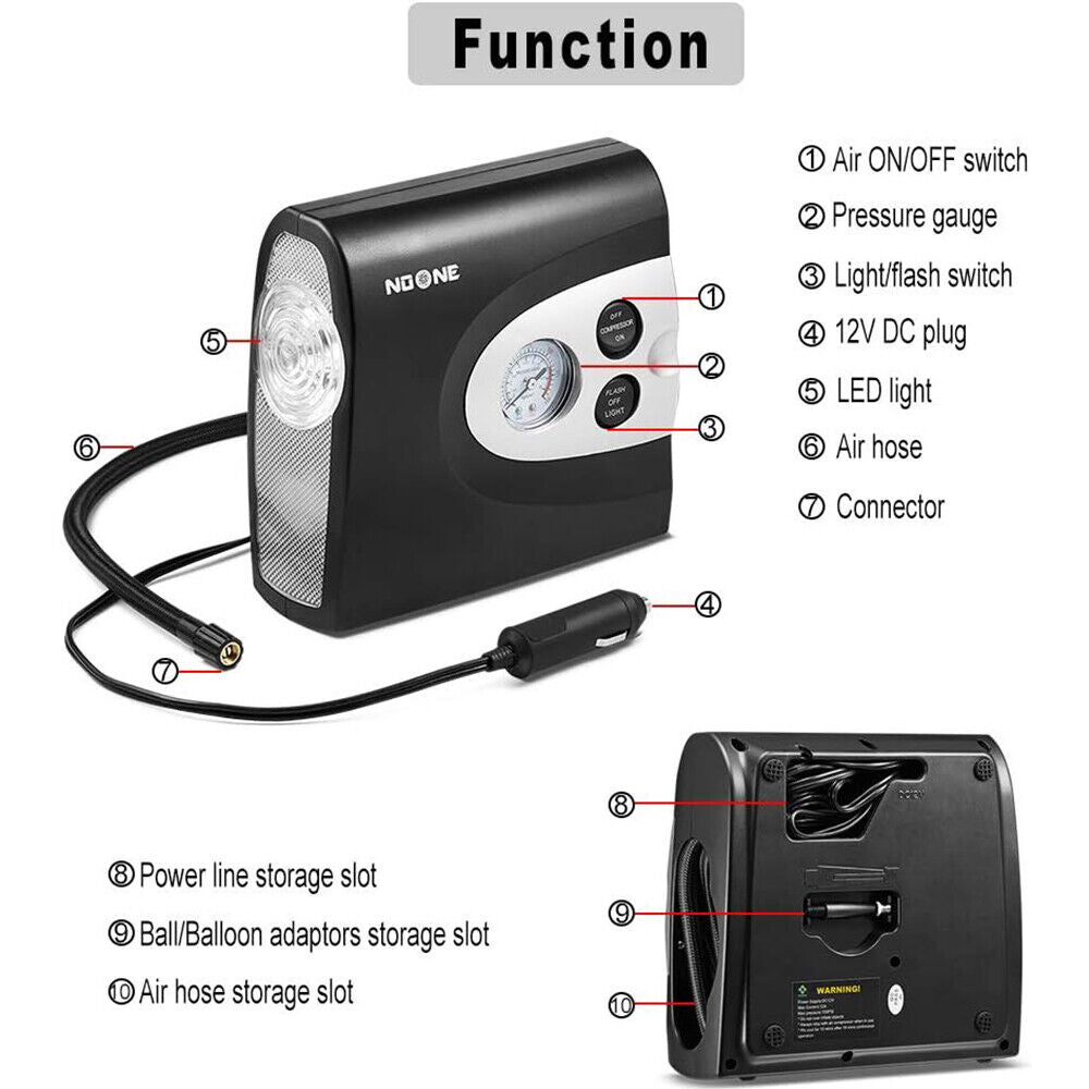 NOONE 3 IN 1 Air Compressor Tyre Inflator 12V