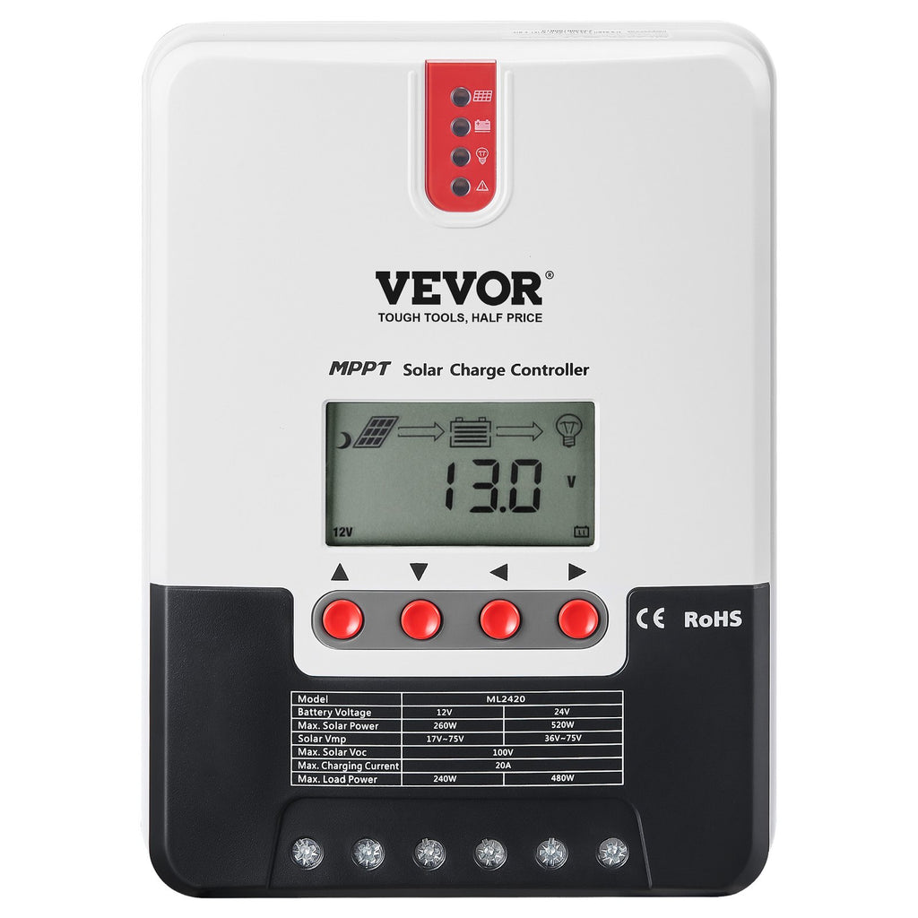 VEVOR 20A MPPT Solar Charge Controller (12V/24V) - LCD + Temp Sensor
