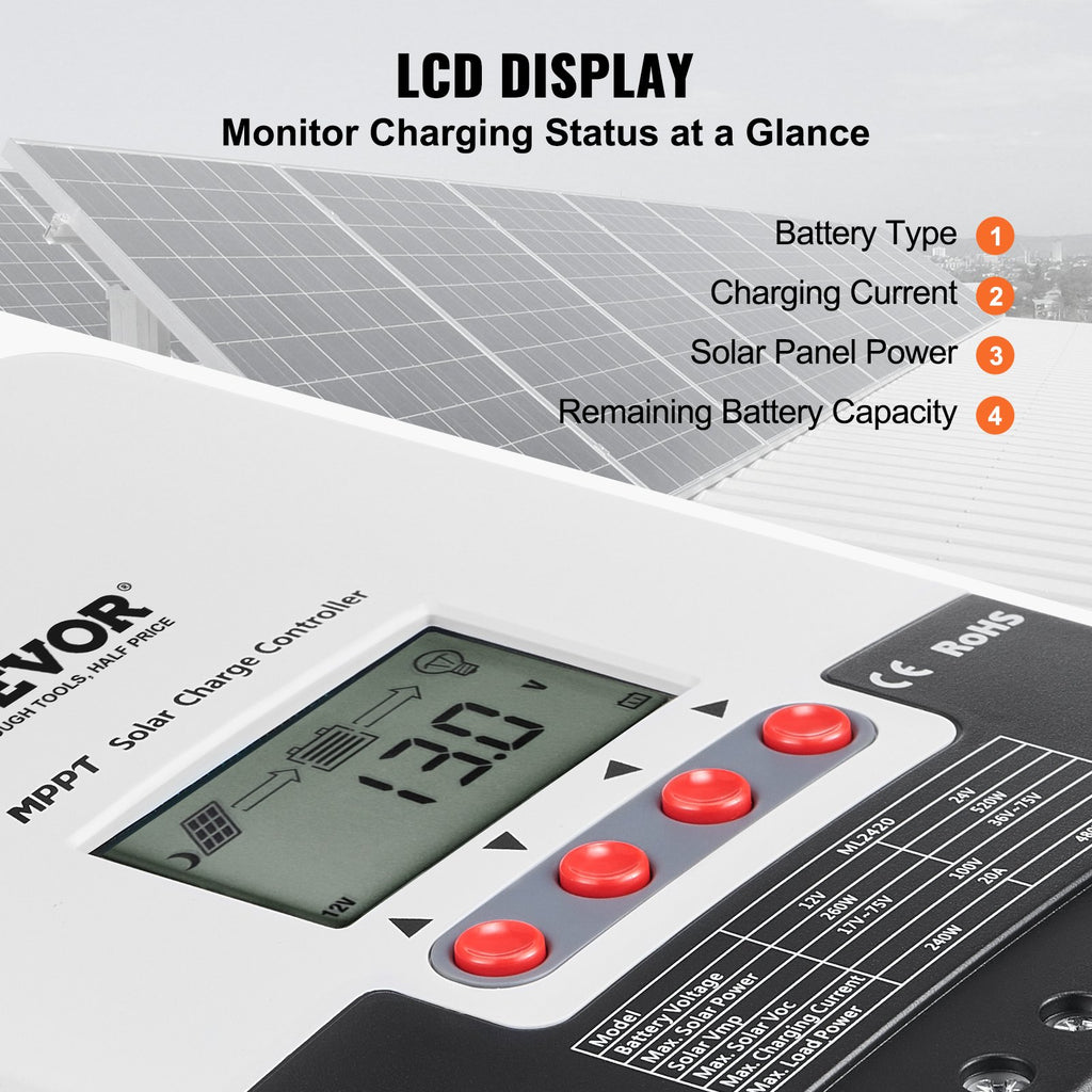 VEVOR 20A MPPT Solar Charge Controller (12V/24V) - LCD + Temp Sensor