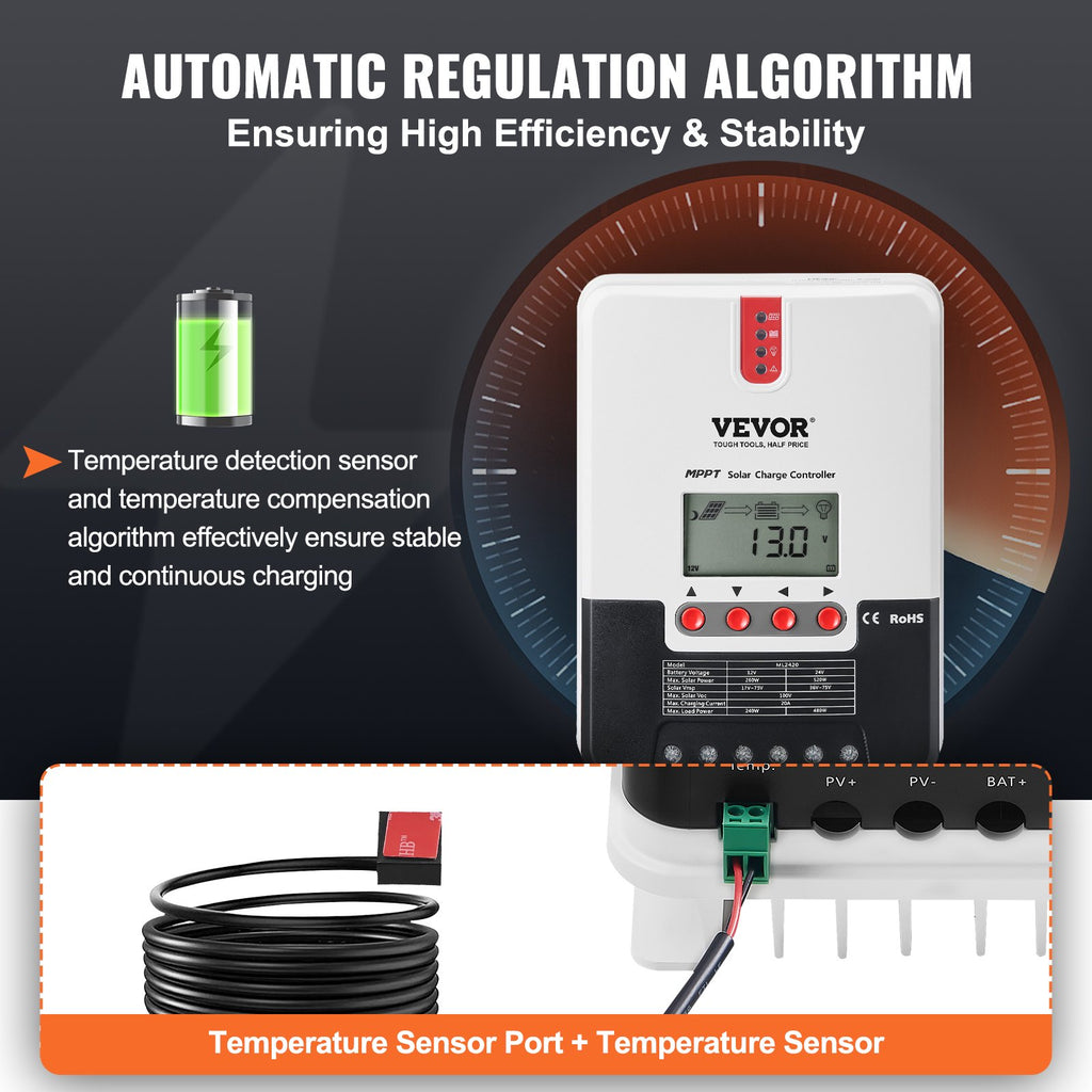 VEVOR 20A MPPT Solar Charge Controller (12V/24V) - LCD + Temp Sensor